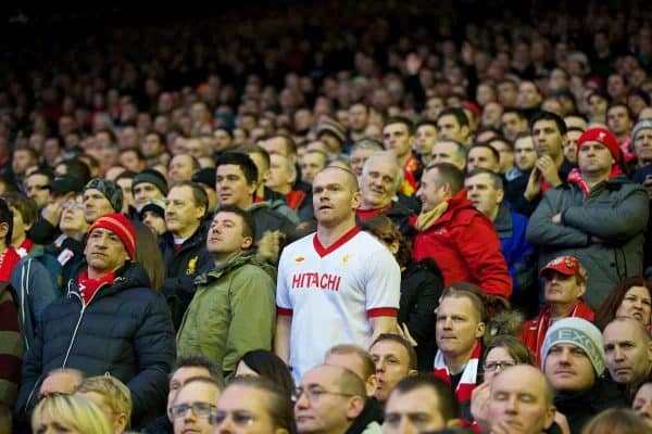 LIVERPOOL, ENGLAND - Sunday, February 23, 2014: Liverpool supporters on the Spion Kop at Anfield (Pic by David Rawcliffe/Propaganda)