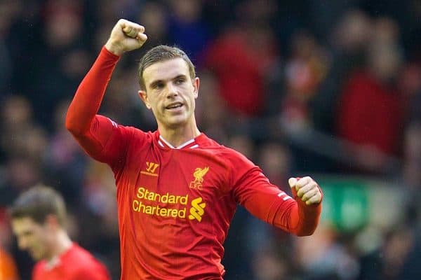 LIVERPOOL, ENGLAND - Sunday, February 23, 2014: Liverpool's Jordan Henderson celebrates after beating Swansea City 4-3 during the Premiership match at Anfield. (Pic by David Rawcliffe/Propaganda)