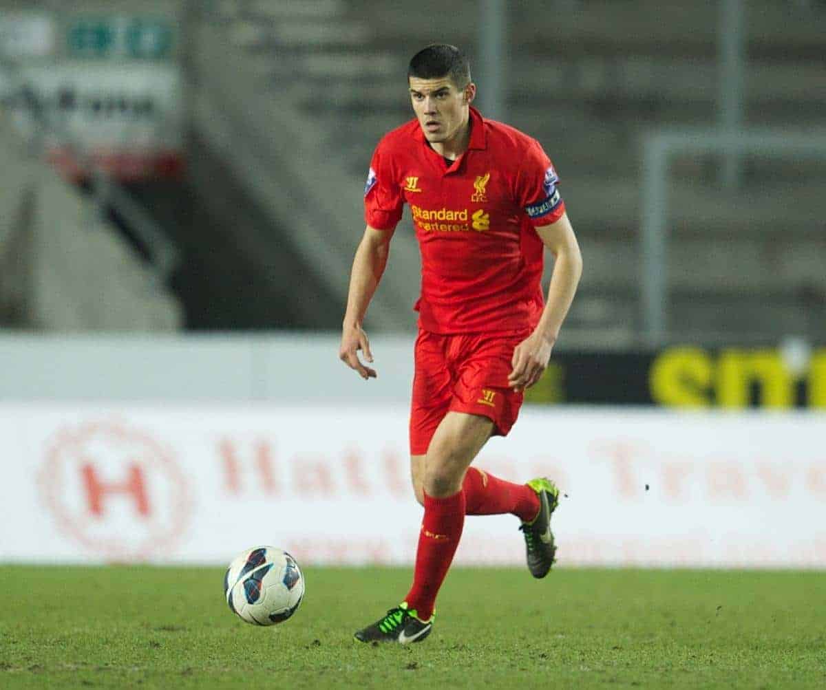 ST HELENS, ENGLAND - Monday, February 25, 2013: Liverpool's captain Conor Coady in action against Manchester United during the Premier League Academy match at Langtree Park. (Pic by David Rawcliffe/Propaganda)