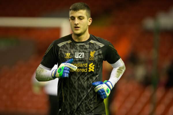 LIVERPOOL, ENGLAND - Thursday, February 27, 2014: Liverpool's goalkeeper Yusuf Mersin before the Under 21 FA Premier League match against Wolverhampton Wanderers at Anfield. (Pic by David Rawcliffe/Propaganda)