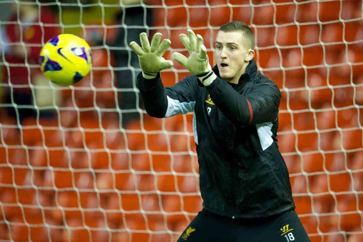LIVERPOOL, ENGLAND - Thursday, February 28, 2013: Liverpool's goalkeeper Ryan Fulton warms-up before the FA Youth Cup 5th Round match against Leeds United at Anfield. (Pic by David Rawcliffe/Propaganda)