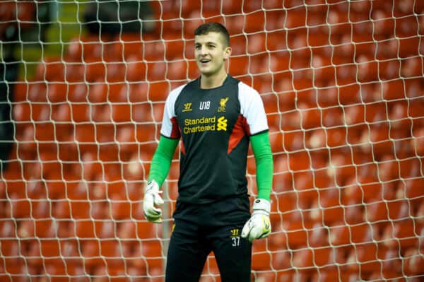 LIVERPOOL, ENGLAND - Thursday, February 28, 2013: Liverpool's goalkeeper Yusuf Mersin warms-up before the FA Youth Cup 5th Round match against Leeds United at Anfield. (Pic by David Rawcliffe/Propaganda)