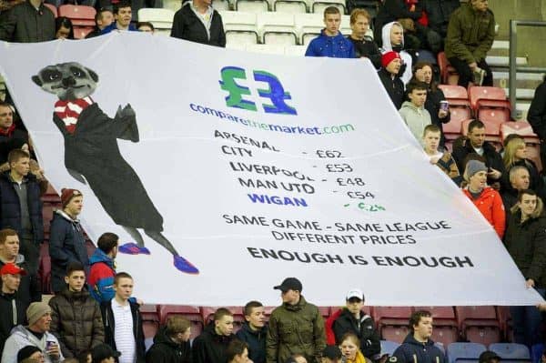 WIGAN, ENGLAND - Saturday, March 2, 2013: Liverpool supporters protest against high ticket prices before the Premiership match against Wigan Athletic at the DW Stadium. (Pic by David Rawcliffe/Propaganda)