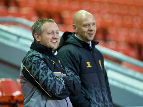 LIVERPOOL, ENGLAND - Friday, March 21, 2014: Liverpool's Under-18's manager Neil Critchley and former Liverpool player Rob Jones, now working with the LFC Academy, before the Under 21 FA Premier League match against Newcastle United at Anfield. (Pic by David Rawcliffe/Propaganda)