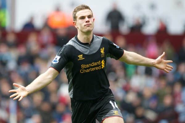 BIRMINGHAM, ENGLAND - Easter Sunday, March 31, 2013: Liverpool's Jordan Henderson celebrates scoring the first goal against Aston Villa during the Premiership match at Villa Park. (Pic by David Rawcliffe/Propaganda)