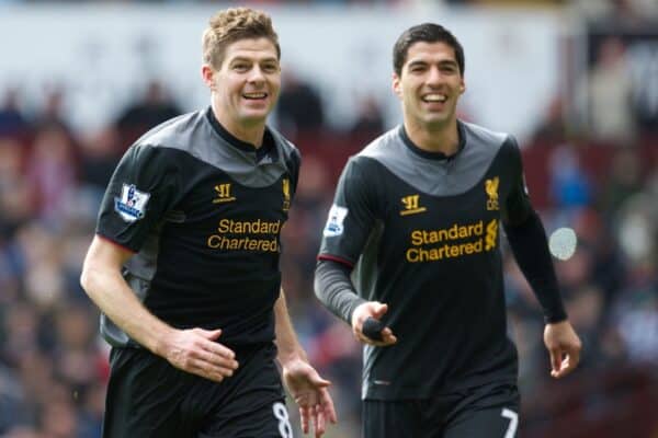 BIRMINGHAM, ENGLAND - Easter Sunday, March 31, 2013: Liverpool's captain Steven Gerrard celebrates scoring the second goal against Aston Villa with team-mate Luis Alberto Suarez Diaz during the Premiership match at Villa Park. (Pic by David Rawcliffe/Propaganda)