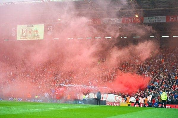 LONDON, ENGLAND - Sunday, May 12, 2013: No Pyro No Party. Liverpool supporters set off red smoke bombs during the Premiership match against Fulham at Craven Cottage. (Pic by David Rawcliffe/Propaganda)