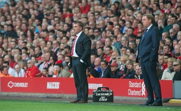 LIVERPOOL, ENGLAND - Sunday, May 19, 2013: Liverpool's manager Brendan Rodgers and Queens Park Rangers' manager Harry Redknapp during the final Premiership match of the 2012/13 season at Anfield. (Pic by David Rawcliffe/Propaganda)