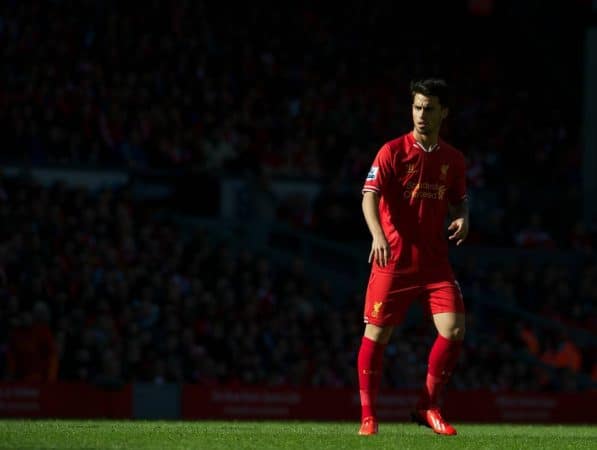 LIVERPOOL, ENGLAND - Sunday, May 19, 2013: Liverpool's 'Suso' Jesus Joaquin Fernandez Saenz De La Torre in action against Queens Park Rangers during the final Premiership match of the 2012/13 season at Anfield. (Pic by David Rawcliffe/Propaganda)