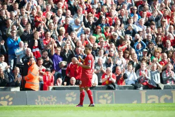 LIVERPOOL, ENGLAND - Sunday, May 19, 2013: Liverpool's Philippe Coutinho Correia celebrates scoring the first goal against Queens Park Rangers during the final Premiership match of the 2012/13 season at Anfield. (Pic by David Rawcliffe/Propaganda)