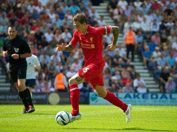 PRESTON, ENGLAND - Saturday, July 13, 2013: Liverpool's Daniel Agger in action against Preston North End during a preseason friendly match at Deepdale. (Pic by David Rawcliffe/Propaganda)