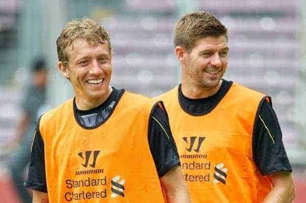 JAKARTA, INDONESIA - Thursday, July 18, 2013: Liverpool's Lucas Leiva and captain Steven Gerrard during a training session at the Gelora Bung Karno Stadium in Jakarta ahead of their first match of the Preseason Tour. (Pic by David Rawcliffe/Propaganda)