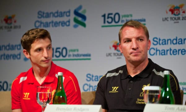 JAKARTA, INDONESIA - Friday, July 19, 2013: Liverpool's manager Brendan Rodgers and Joe Allen at a press conference to announce a two-year extension to Standard Chartered's sponsorship of Liverpool FC at the Senayan Centre as part of Liverpool's Preseason Tour. (Pic by David Rawcliffe/Propaganda)