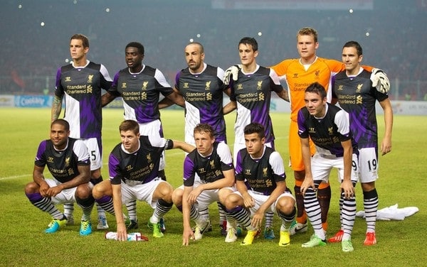 JAKARTA, INDONESIA - Saturday, July 20, 2013: Liverpool's players line up for a team group photograph before a preseason friendly against Indonesia XI at the Gelora Bung Karno Stadium. (Pic by David Rawcliffe/Propaganda)