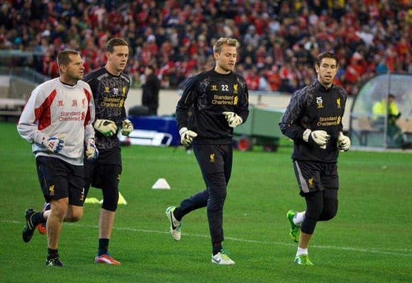 MELBOURNE, AUSTRALIA - Tuesday, July 23, 2013: Liverpool's goalkeeping coach John Achterberg, goalkeeper Danny Ward, goalkeeper Simon Mignolet and goalkeeper Brad Jones during a training session at the Melbourne Cricket Ground ahead of their preseason friendly against Melbourne Victory. (Pic by David Rawcliffe/Propaganda)