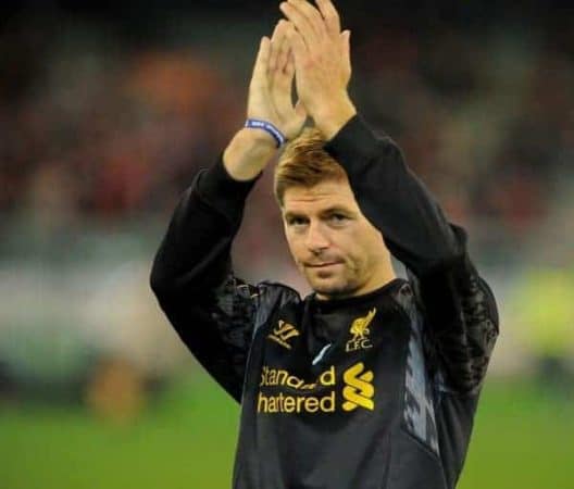 MELBOURNE, AUSTRALIA - Tuesday, July 23, 2013: Liverpool's captain Steven Gerrard waves to the crowd before a training session at the Melbourne Cricket Ground ahead of their preseason friendly against Melbourne Victory. (Pic by David Rawcliffe/Propaganda)