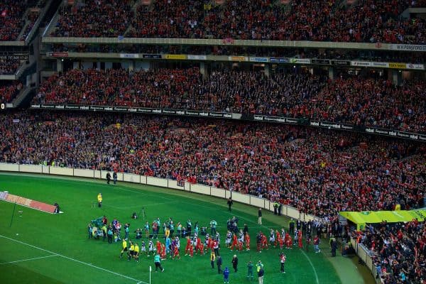 MELBOURNE, AUSTRALIA - Wednesday, July 24, 2013: Liverpool players walk out to take on Melbourne Victory during a preseason friendly match at the Melbourne Cricket Ground. (Pic by David Rawcliffe/Propaganda)