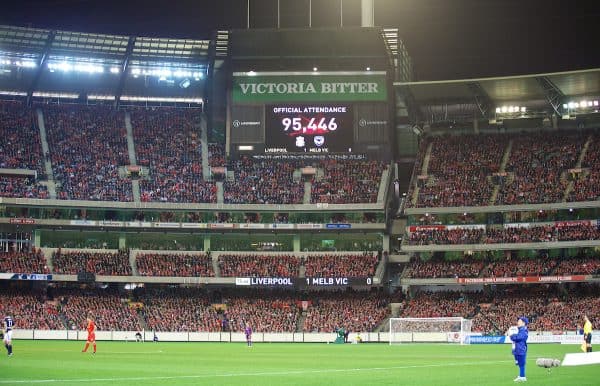 MELBOURNE, AUSTRALIA - Wednesday, July 24, 2013: The official attendance of 95,446 is announced as Liverpool take on Melbourne Victory during a preseason friendly match at the Melbourne Cricket Ground. (Pic by David Rawcliffe/Propaganda)