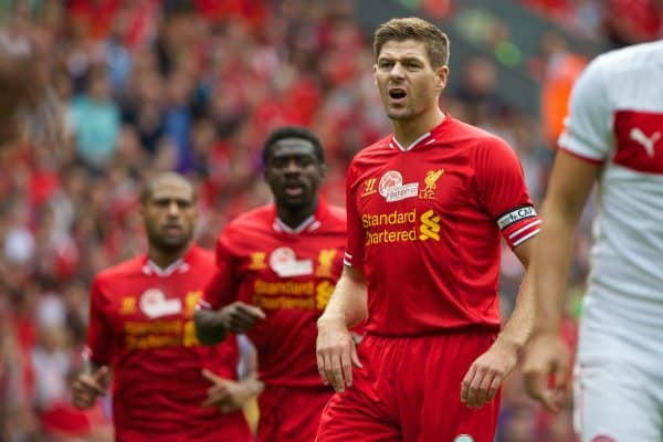 LIVERPOOL, ENGLAND - Saturday, August 3, 2013: Liverpool's captain Steven Gerrard in action against Olympiakos CFP during a preseason friendly match at Anfield. (Pic by David Rawcliffe/Propaganda)