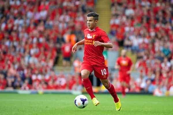 LIVERPOOL, ENGLAND - Saturday, August 3, 2013: Liverpool's Philippe Coutinho Correia in action against Olympiakos CFP during a preseason friendly match at Anfield. (Pic by David Rawcliffe/Propaganda)