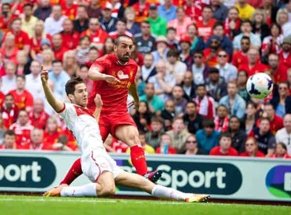 LIVERPOOL, ENGLAND - Saturday, August 3, 2013: Liverpool's Jose Enrique in action against Olympiakos CFP during a preseason friendly match at Anfield. (Pic by David Rawcliffe/Propaganda)