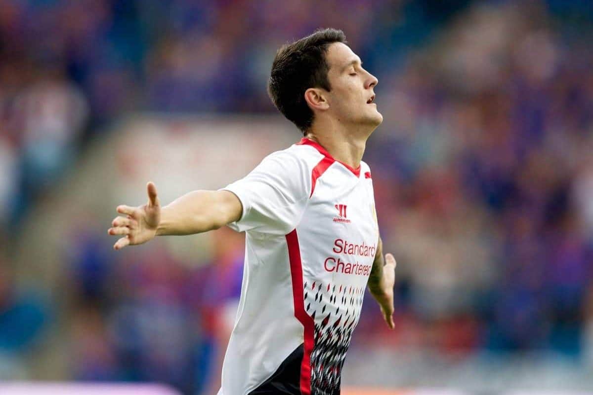 OSLO, NORWAY - Wednesday, August 7, 2013: Liverpool's Luis Alberto celebrates scoring the third goal against Valerenga during a preseason friendly match at the Ullevaal Stadion. (Pic by David Rawcliffe/Propaganda)