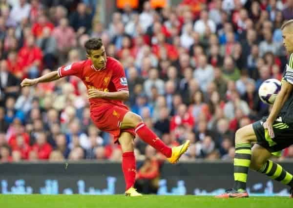 LIVERPOOL, ENGLAND - Saturday, August 17, 2013: Liverpool's Philippe Coutinho Correia in action against Stoke City during the Premiership match at Anfield. (Pic by David Rawcliffe/Propaganda)