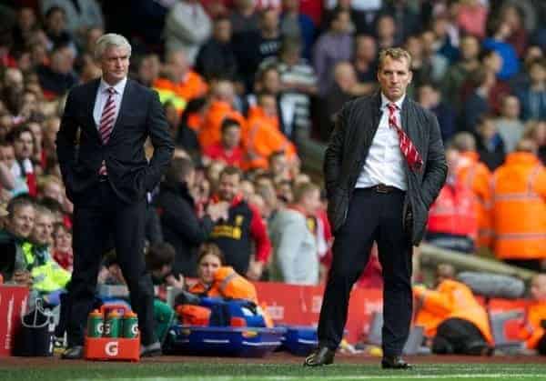 LIVERPOOL, ENGLAND - Saturday, August 17, 2013: Liverpool's manager Brendan Rodgers during the Premiership match against Stoke City at Anfield. (Pic by David Rawcliffe/Propaganda)