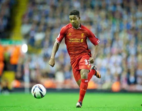 LIVERPOOL, ENGLAND - Tuesday, August 27, 2013: Liverpool's Jordon Ibe in action against Notts County during the Football League Cup 2nd Round match at Anfield. (Pic by David Rawcliffe/Propaganda)