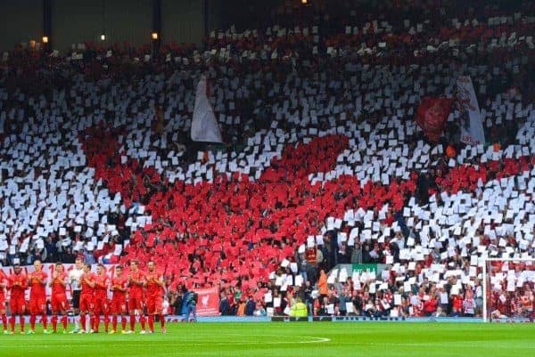 LIVERPOOL, ENGLAND - Sunday, September 1, 2013: Liverpool supporters on the Spion Kop pay tribute to manager Bill Shankly with a mosaic to celebrate his 100th birthday before the Premiership match against Manchester United at Anfield. (Pic by David Rawcliffe/Propaganda)