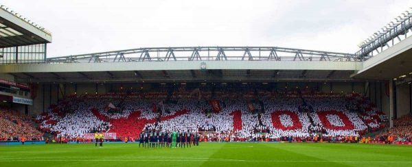 LIVERPOOL, ENGLAND - Sunday, September 1, 2013: Liverpool supporters on the Spion Kop pay tribute to manager Bill Shankly with a mosaic to celebrate his 100th birthday before the Premiership match against Manchester United at Anfield. (Pic by David Rawcliffe/Propaganda)