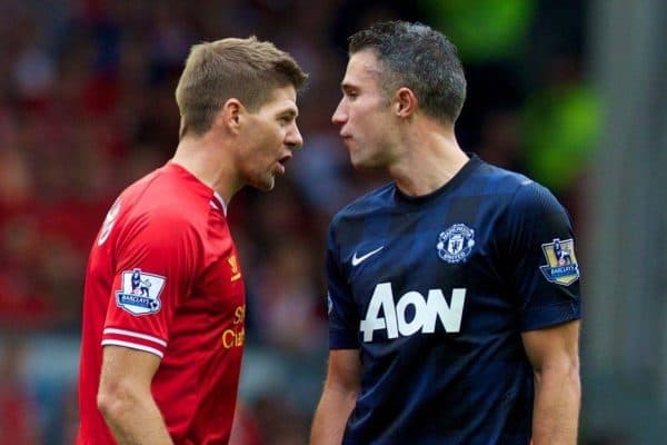 LIVERPOOL, ENGLAND - Sunday, September 1, 2013: Liverpool's captain Steven Gerrard confronts Manchester United's Robin van Persie during the Premiership match at Anfield. (Pic by David Rawcliffe/Propaganda)