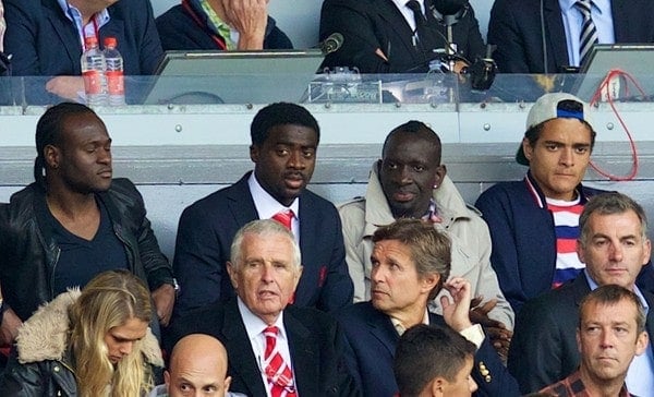 LIVERPOOL, ENGLAND - Sunday, September 1, 2013: Liverpool's Victor Moses, Kolo Toure, Mamadou Sakho and Tiago Ilori during the Premiership match against Manchester United at Anfield. (Pic by David Rawcliffe/Propaganda)