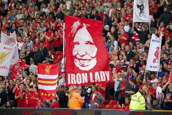 LIVERPOOL, ENGLAND - Saturday, September 21, 2013: Liverpool supporter's banner of Justice campaigner Ann Williams on the Spion Kop during the Premiership match against Southampton at Anfield. (Pic by David Rawcliffe/Propaganda)