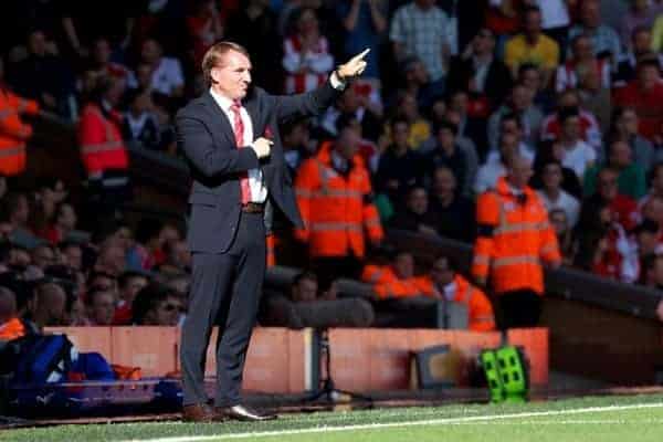 LIVERPOOL, ENGLAND - Saturday, September 21, 2013: Liverpool's manager Brendan Rodgers during the Premiership match against Southampton at Anfield. (Pic by David Rawcliffe/Propaganda)