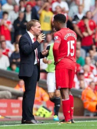 LIVERPOOL, ENGLAND - Saturday, September 21, 2013: Liverpool's manager Brendan Rodgers and Daniel Sturridge during the match against Southampton in the Premiership at Anfield. (Pic by David Rawcliffe/Propaganda)