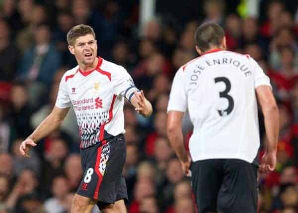 MANCHESTER, ENGLAND - Wednesday, September 25, 2013: Liverpool's captain Steven Gerrard screams at team mate Jose Enrique during the Football League Cup 3rd Round match against Manchester United at Old Trafford. (Pic by David Rawcliffe/Propaganda)