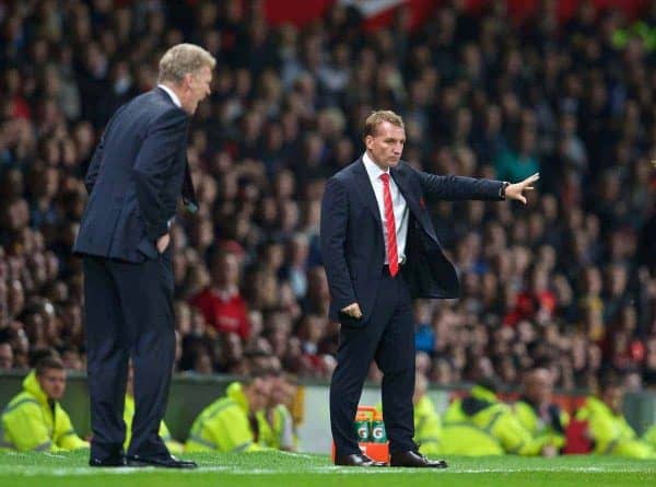 MANCHESTER, ENGLAND - Wednesday, September 25, 2013: Liverpool's manager Brendan Rodgers during the Football League Cup 3rd Round match against Manchester United at Old Trafford. (Pic by David Rawcliffe/Propaganda)