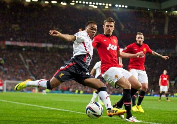 MANCHESTER, ENGLAND - Wednesday, September 25, 2013: Liverpool's Raheem Sterling in action against Manchester United during the Football League Cup 3rd Round match at Old Trafford. (Pic by David Rawcliffe/Propaganda)