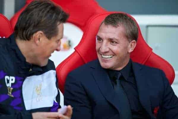 SUNDERLAND, ENGLAND - Sunday, September 29, 2013: Liverpool's manager Brendan Rodgers and assistant manager Colin Pascoe on the bench before the Premiership match against Sunderland at the Stadium of Light. (Pic by David Rawcliffe/Propaganda)