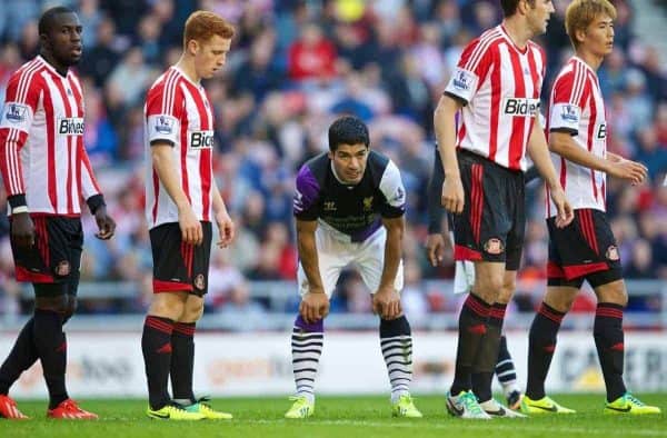 SUNDERLAND, ENGLAND - Sunday, September 29, 2013: Liverpool's Luis Suarez in action against Sunderland during the Premiership match at the Stadium of Light. (Pic by David Rawcliffe/Propaganda)