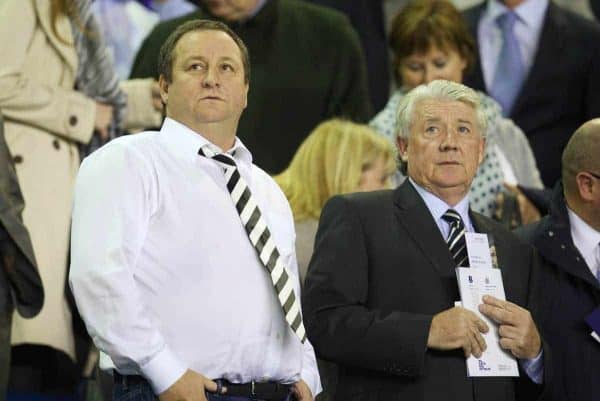 LIVERPOOL, ENGLAND - Monday, September 30, 2013: Newcastle United's owner Mike Ashley and Director Football Joe Kinnear during the Premiership match against Everton at Goodison Park. (Pic by David Rawcliffe/Propaganda)