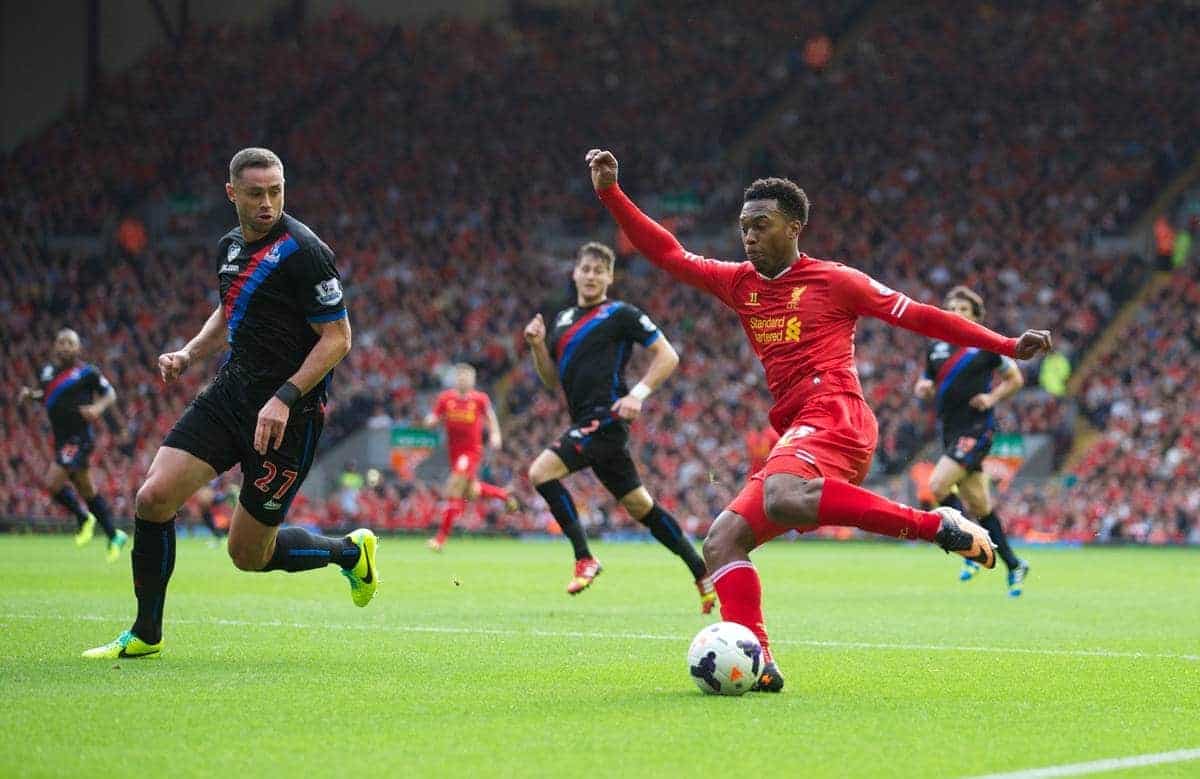 LIVERPOOL, ENGLAND - Saturday, October 5, 2013: Liverpool's Daniel Sturridge in action against Crystal Palace during the Premiership match at Anfield. (Pic by David Rawcliffe/Propaganda)