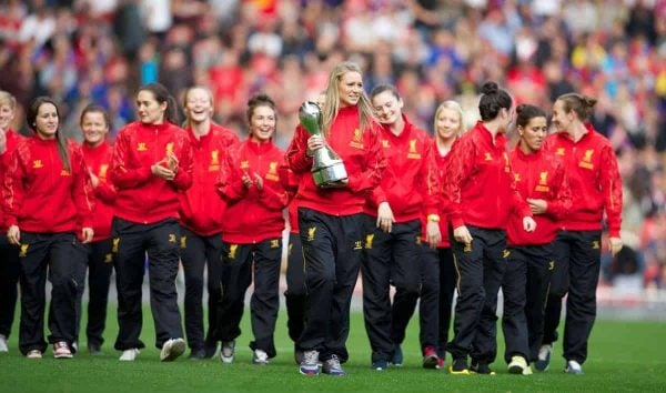 LIVERPOOL, ENGLAND - Saturday, October 5, 2013: Liverpool Ladies captain Gemma Bonner holding the Women's Super League trophy as the team parade around at Anfield. (Pic by David Rawcliffe/Propaganda)