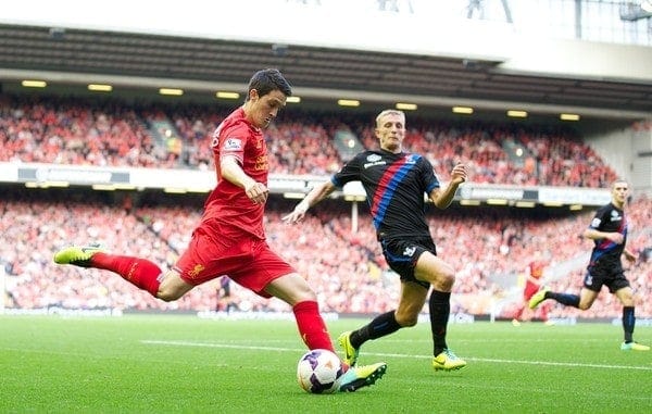 LIVERPOOL, ENGLAND - Saturday, October 5, 2013: Liverpool's Luis Alberto in action against Crystal Palace during the Premiership match at Anfield. (Pic by David Rawcliffe/Propaganda)