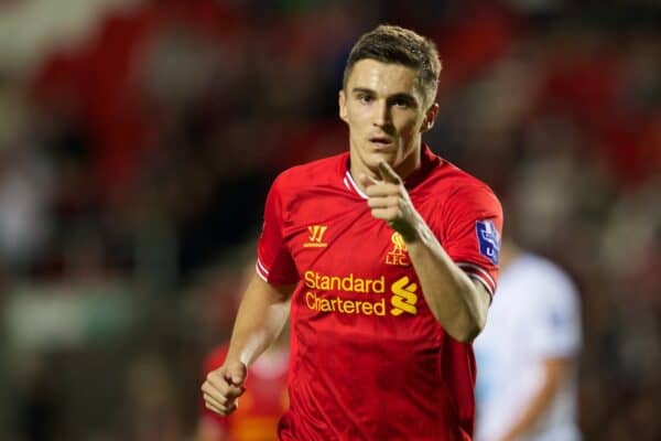 ST HELENS, ENGLAND - Monday, October 7, 2013: Liverpool's Adam Morgan celebrates scoring the first goal against Tottenham Hotspur from the penalty spot during the Under 21 FA Premier League match at Langtree Park. (Pic by David Rawcliffe/Propaganda)