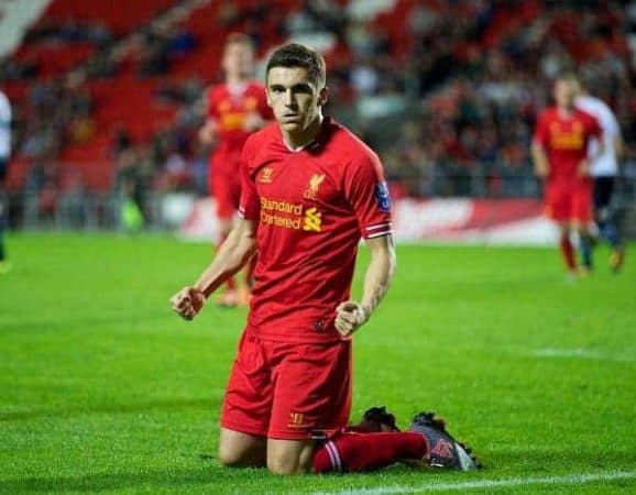 ST HELENS, ENGLAND - Monday, October 7, 2013: Liverpool's Adam Morgan celebrates scoring the first goal against Tottenham Hotspur from the penalty spot during the Under 21 FA Premier League match at Langtree Park. (Pic by David Rawcliffe/Propaganda)