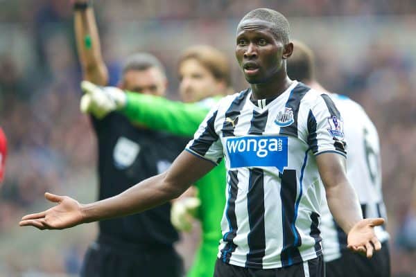 NEWCASTLE-UPON-TYNE, ENGLAND - Saturday, October 19, 2013: Newcastle United's Mapou Yanga-Mbiwa appeals after being shown the red card and sent off during the Premiership match against Liverpool at St. James' Park. (Pic by David Rawcliffe/Propaganda)