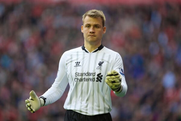 LIVERPOOL, ENGLAND - Saturday, October 26, 2013: Liverpool's goalkeeper Simon Mignolet in action against West Bromwich Albion during the Premiership match at Anfield. (Pic by David Rawcliffe/Propaganda)