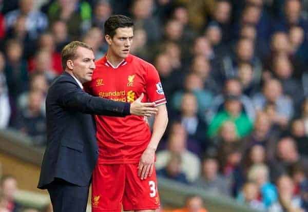 LIVERPOOL, ENGLAND - Saturday, October 26, 2013: Liverpool's manager Brendan Rodgers and Martin Kelly during the Premiership match against West Bromwich Albion at Anfield. (Pic by David Rawcliffe/Propaganda)